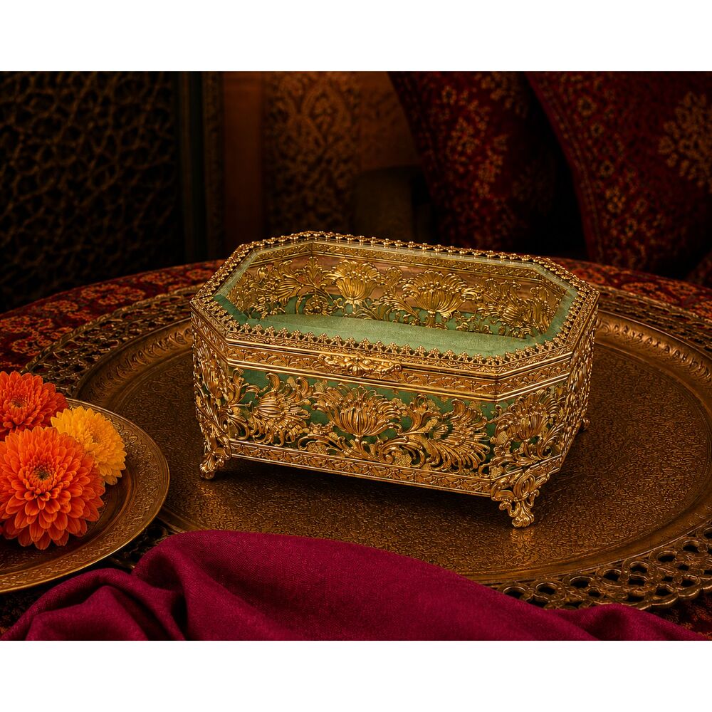 French 1920s filigree  brass & glass casket Ormolu gilt jewelry box EXCELLENT!